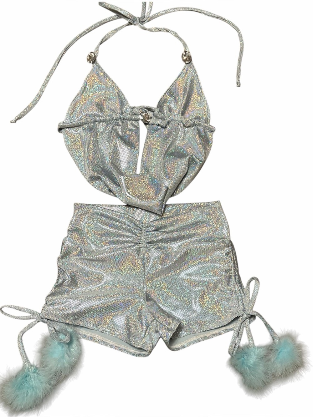 Tasteful Girl Icey Queen, Silver Small 2 Piece Rave Festival Set, Halter & Short